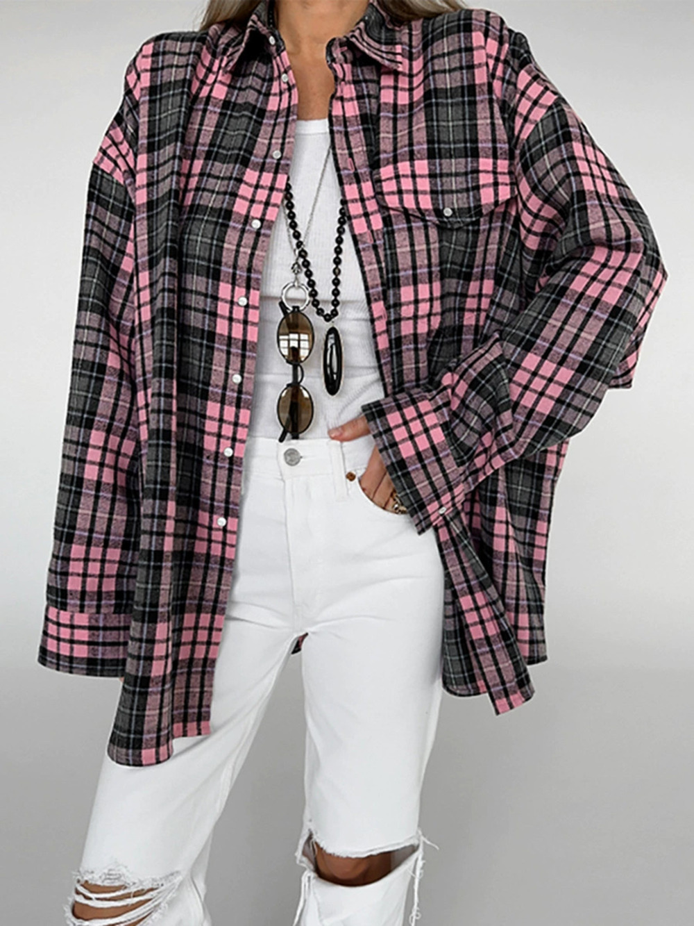 Forever 21 Spring Loose Pink Plaid Shirt Casual Sun Protection Cardigan